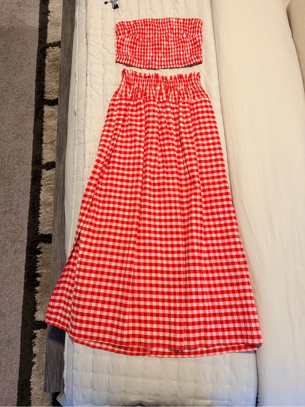 Red Gingham Smocked Waist Maxi Skirt with Smocked Tube Top